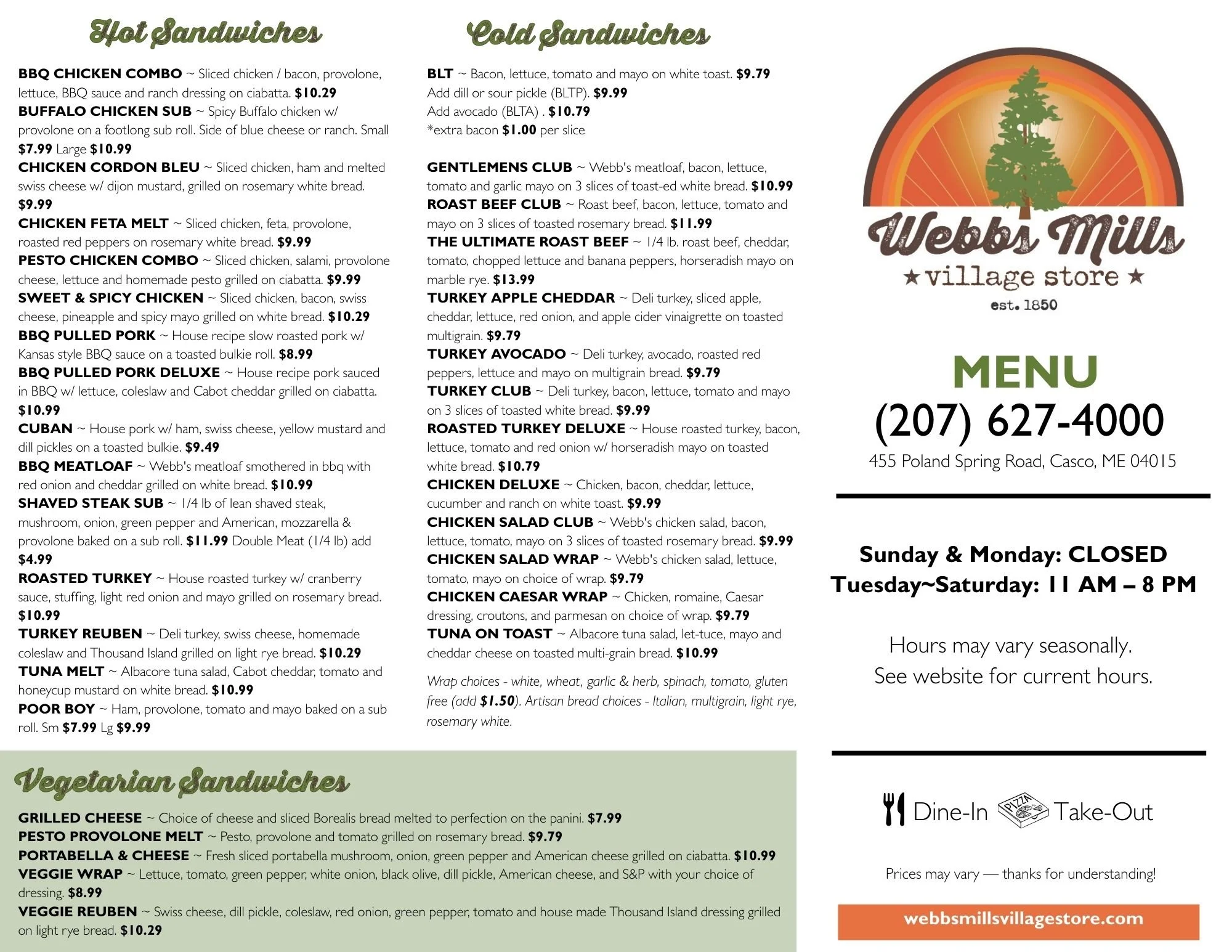 Webbs Menu Page 1