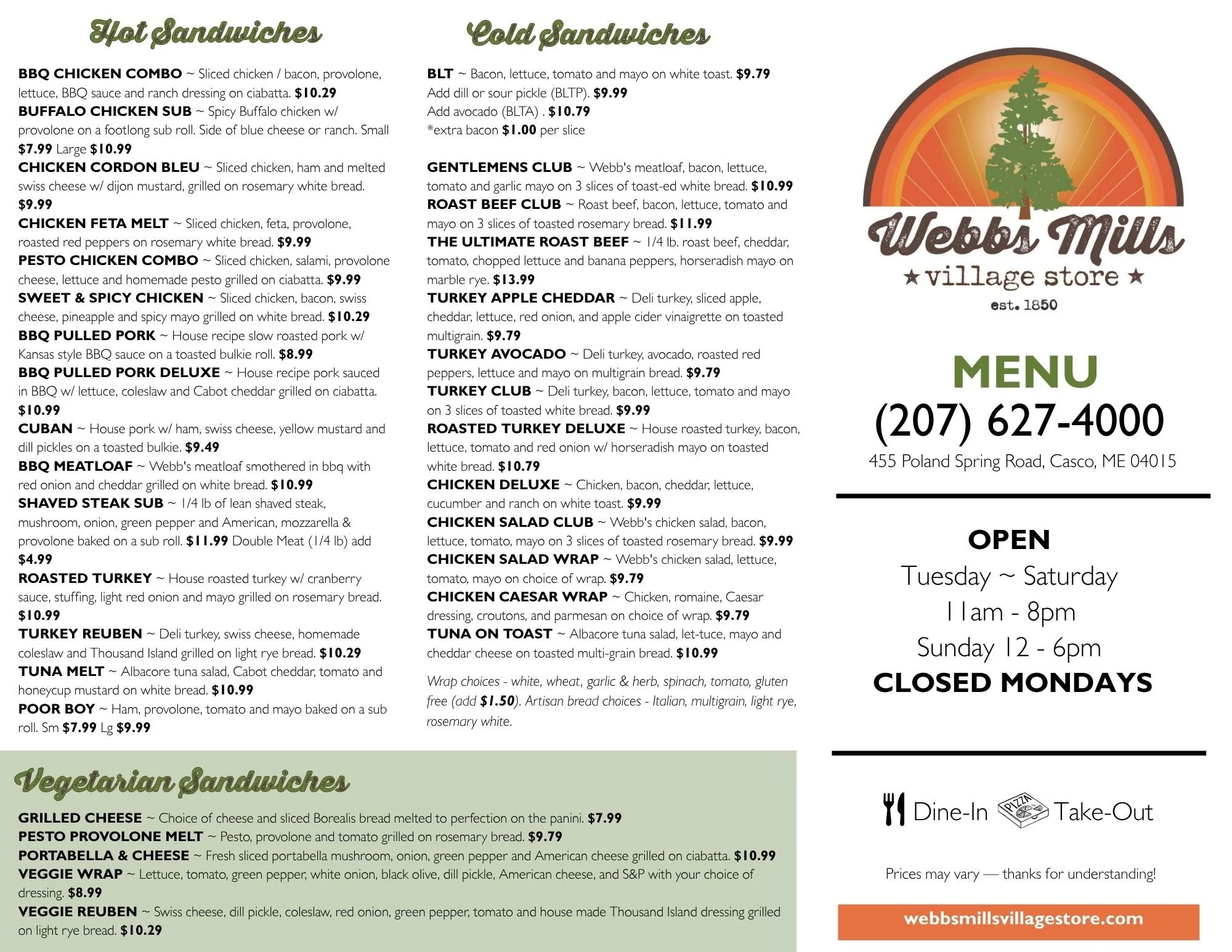 Webbs Menu Page 1