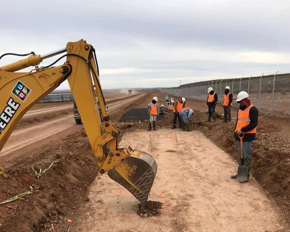 Equipo de Aude Energía en el proyecto BNB Villahumada Solar I, trabajando en excavación de zanja junto a maquinaria John Deere, con personal en campo usando casco y chaleco de seguridad.