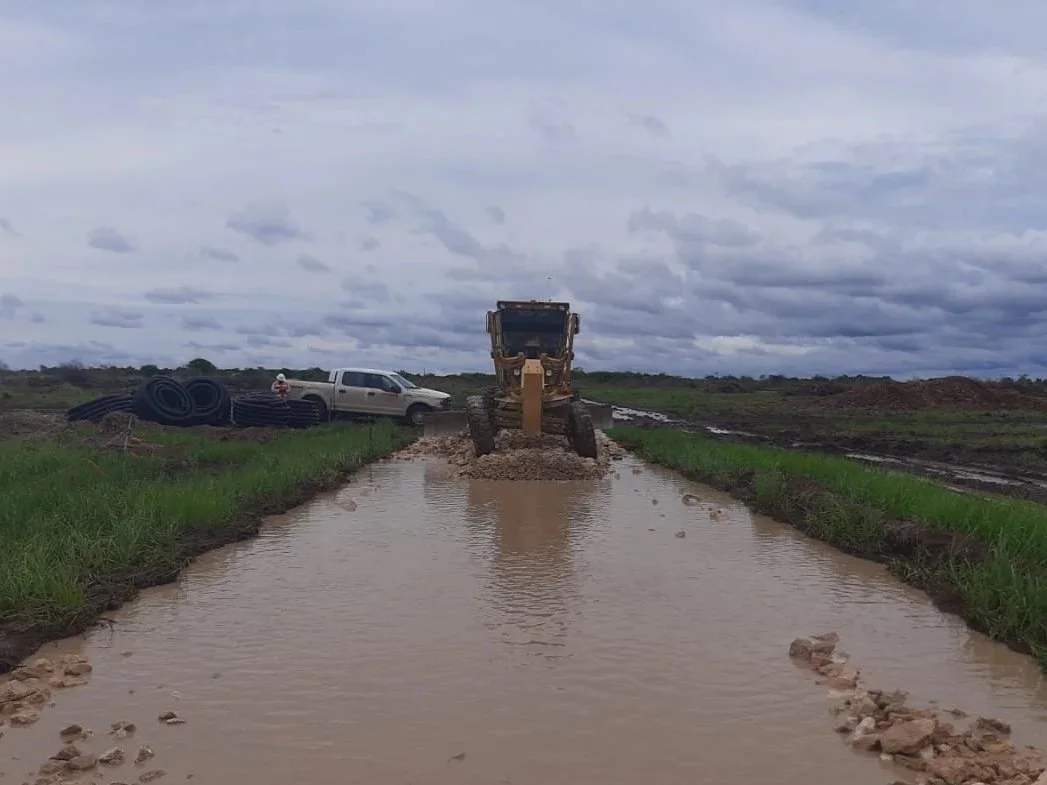 Trabajos de movimiento de tierras en el proyecto La Pimienta en Campeche incluyendo construcción de caminos sobre zonas inundables, instalación de alcantarillas, conformación de terracerías y nivelación de plataformas para parque solar.