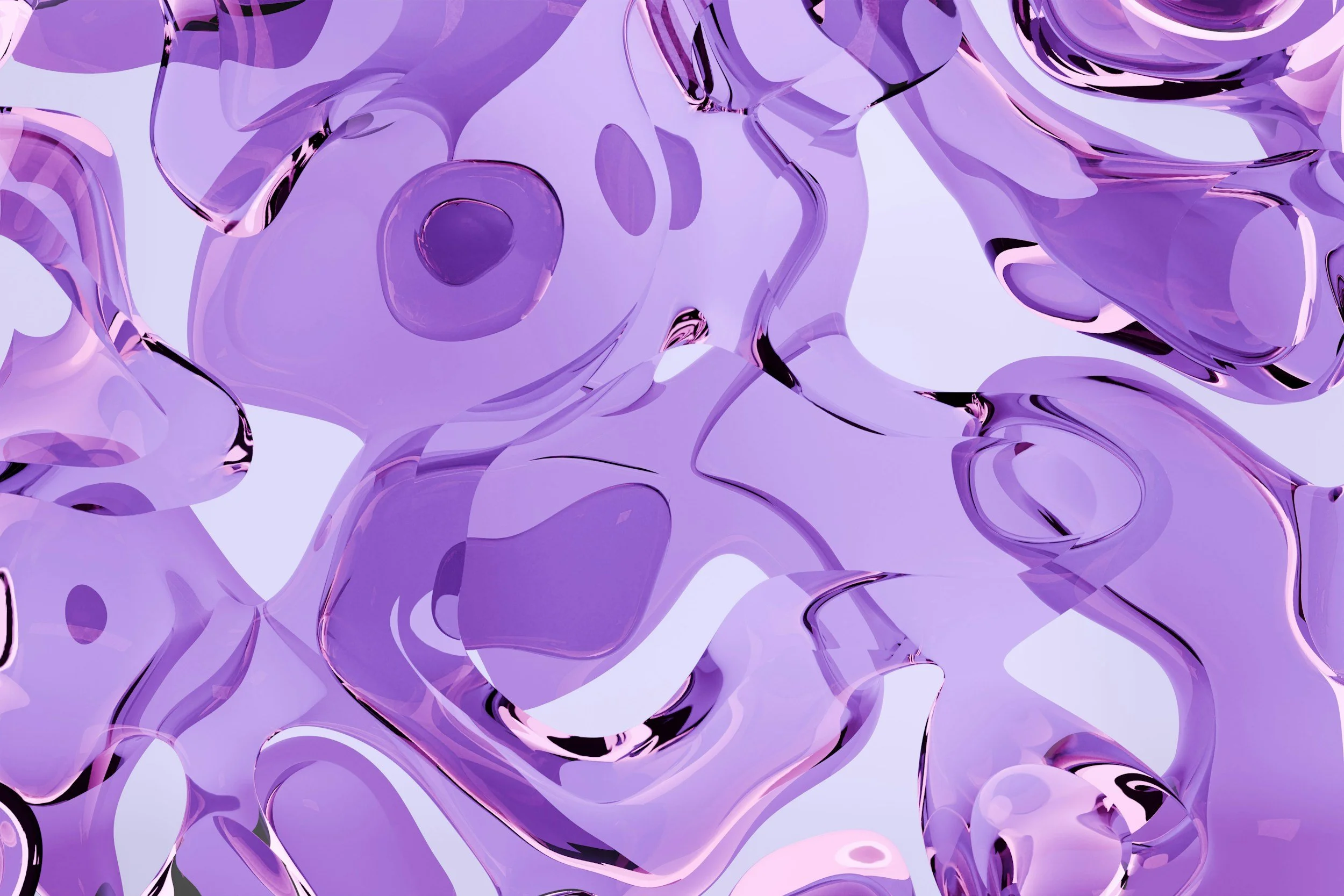 Abstract artwork featuring flowing, glossy, lavender and purple shapes with black outlines, creating a fluid, organic appearance.