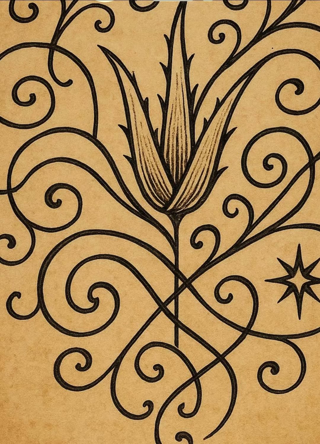 A hand-drawn sigil featuring a central budding flower with flowing, interwoven lines radiating outward on a parchment-toned background.