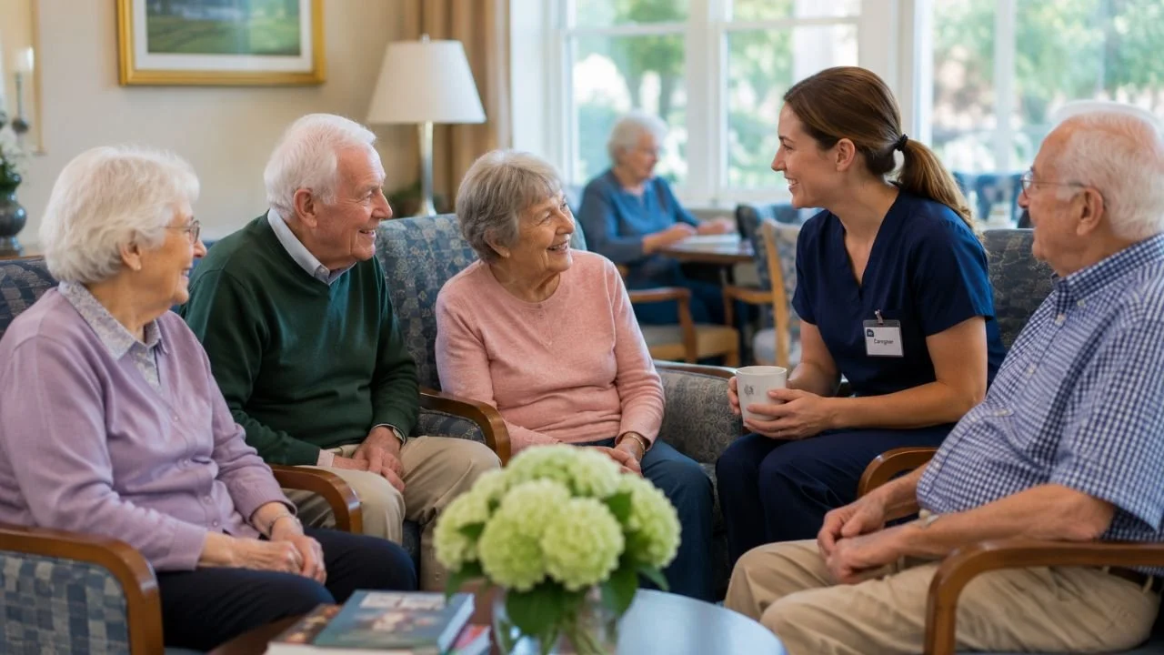 Seniors socializing with caregiver inside welcoming assisted living community common room