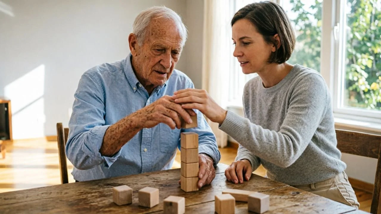 Occupational therapist helping elderly man with fine motor skills