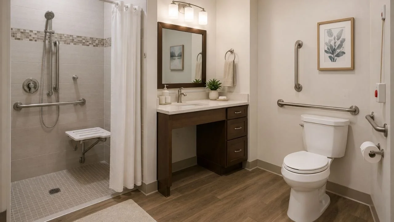 Accessible assisted living bathroom with walk-in shower and safety grab bars