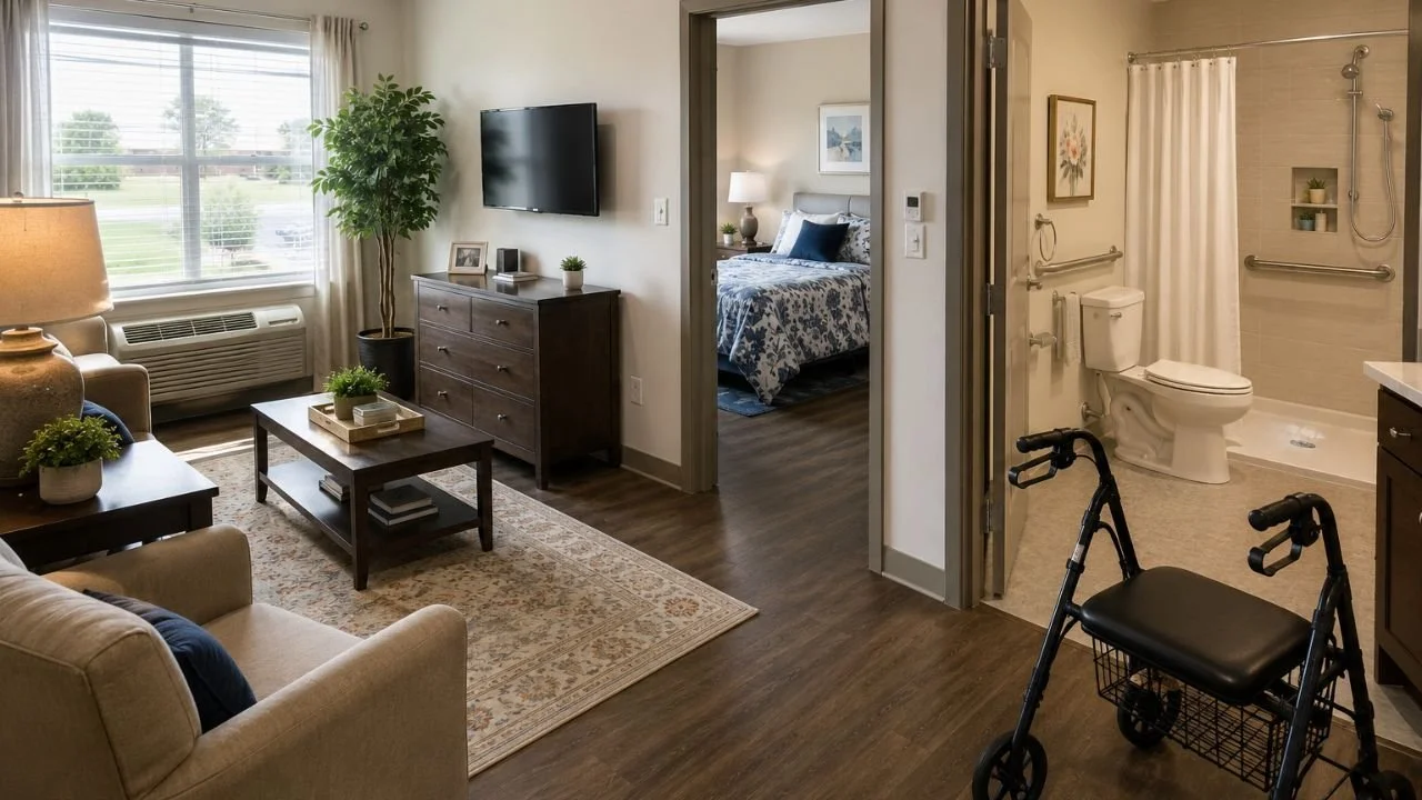 Accessible assisted living apartment floor plan with bright, safe living spaces