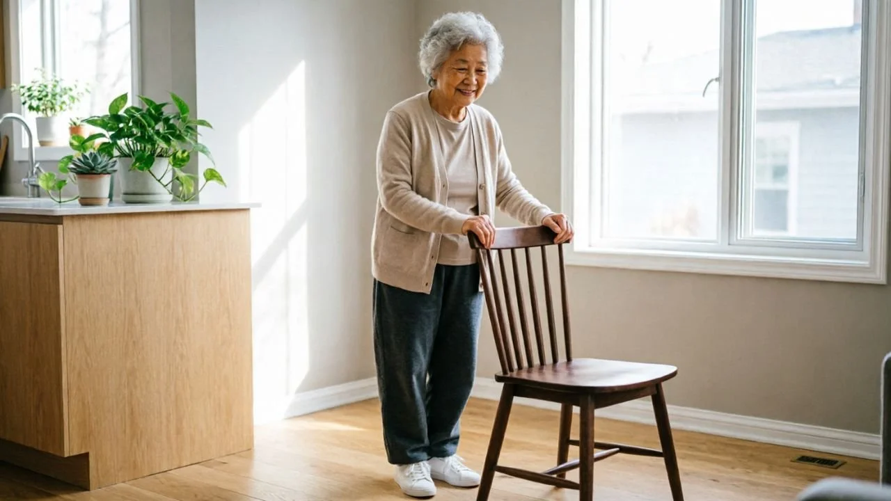 Senior stands feet together holding chair back for support. 