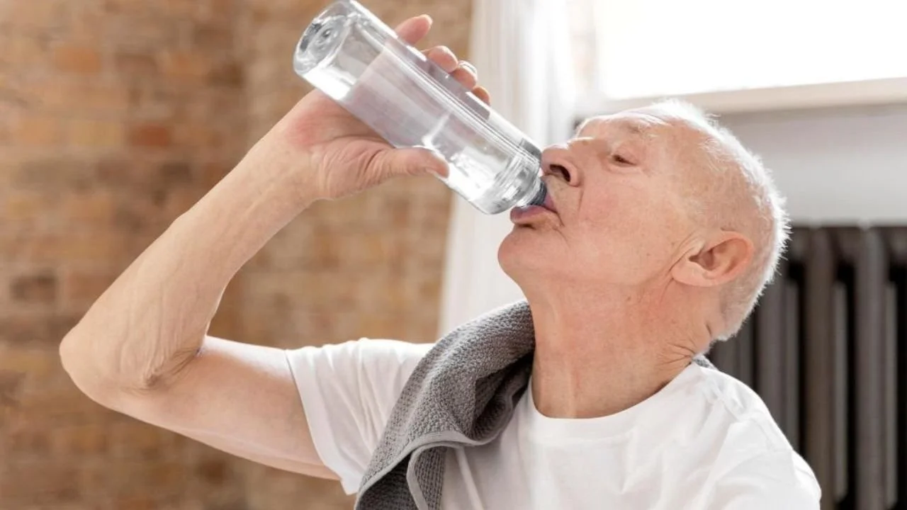 lder adult hydrating after activity with a water bottle.