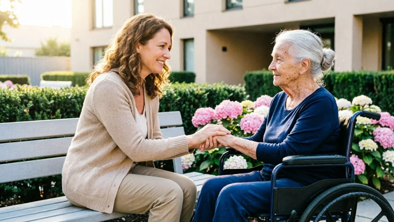Daughter holds hands with mother in assisted living courtyard.