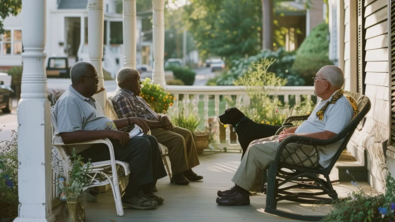 Three seniors and dog relaxing outdoors on an assisted living porch setting.