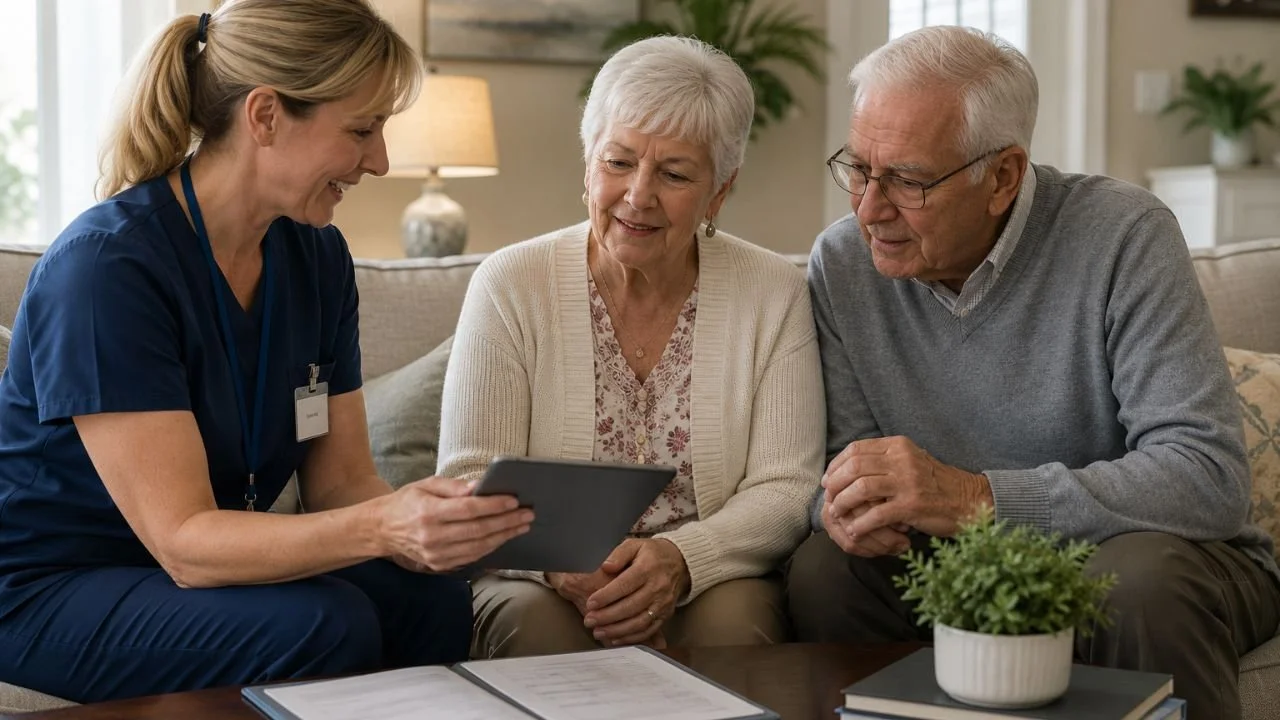Senior completing assisted living eligibility assessment with professional care coordinator together 