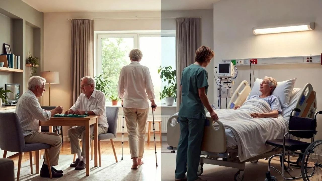Assisted living independence contrasted with nursing home medical care.