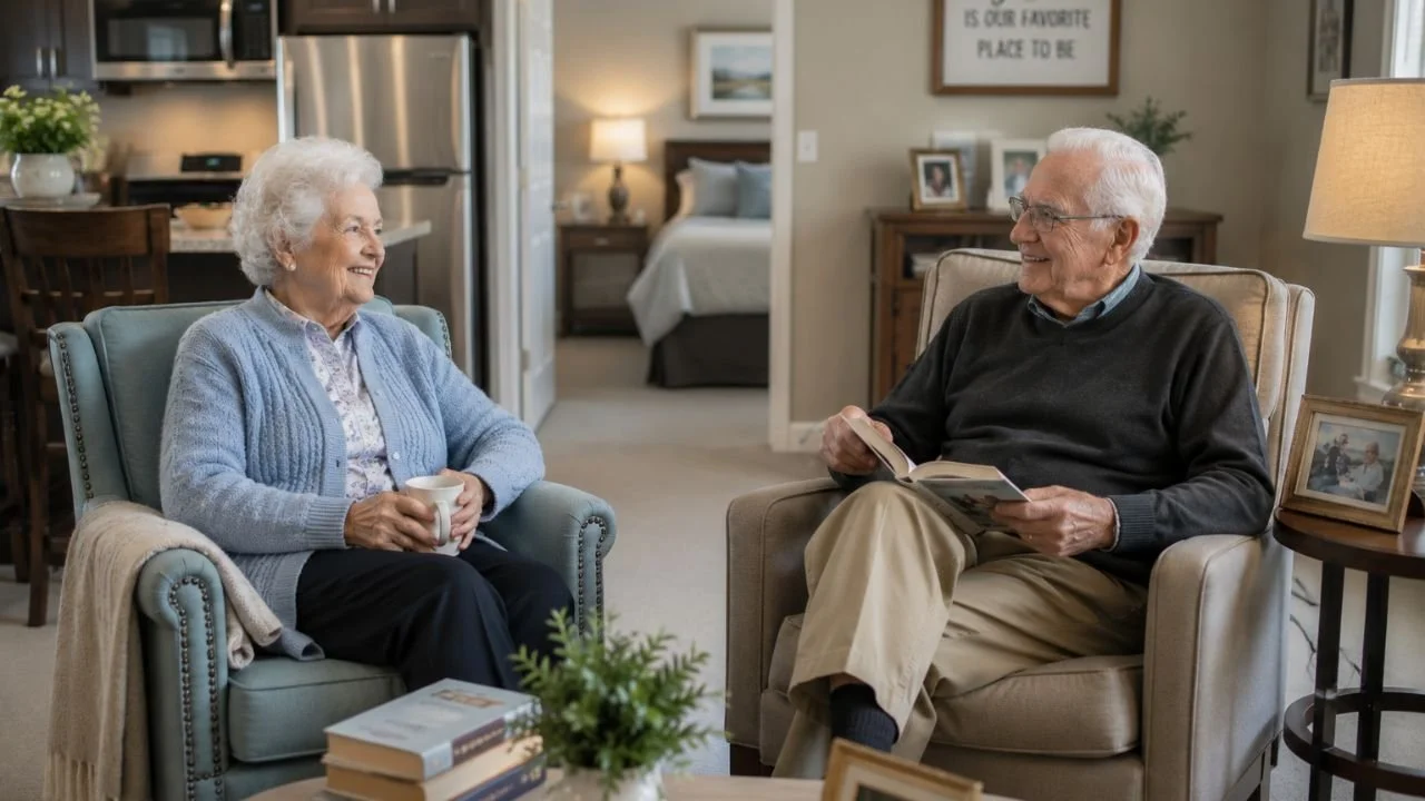 Senior couple enjoying comfortable lifestyle in assisted living community