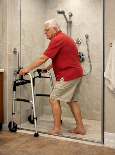 Elderly person using walker inside accessible walk-in shower.
