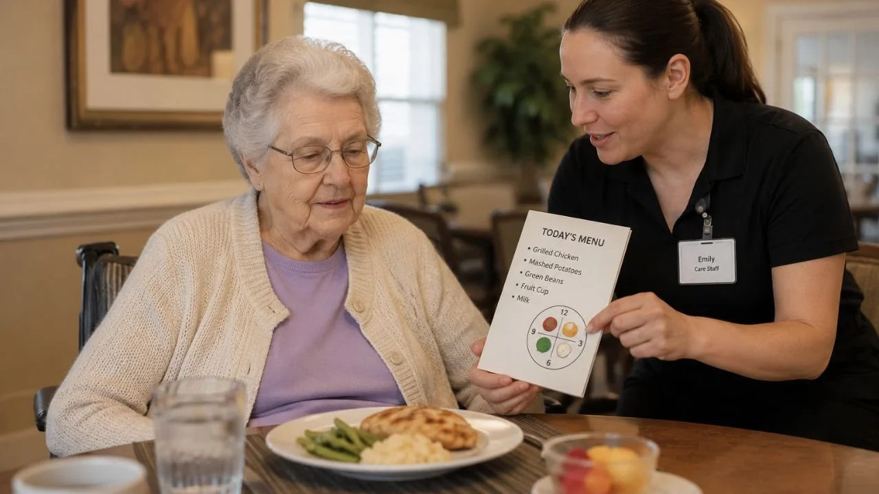 Caregiver describing meal layout to visually impaired assisted living resident