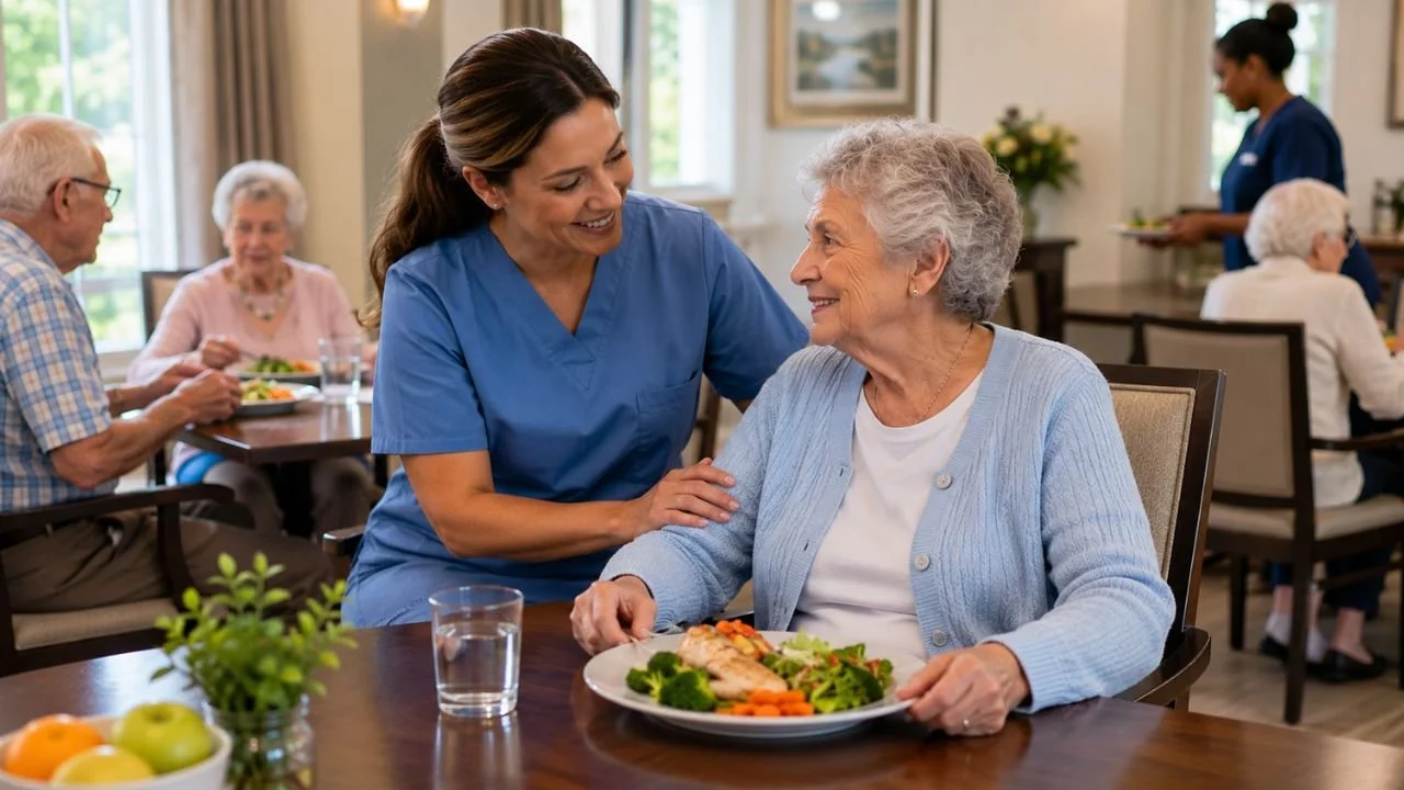 Senior enjoying diabetes-friendly meal with caregiver in dining room