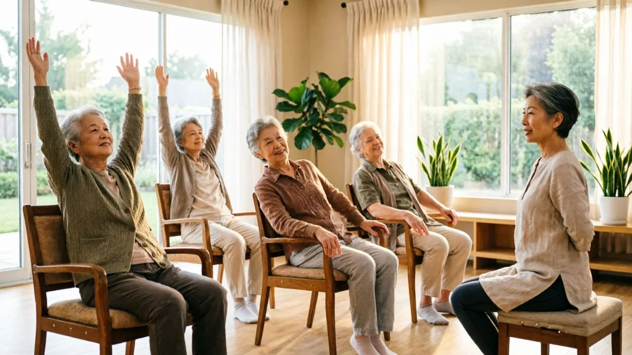 Seniors follow instructor in gentle seated chair yoga session.
