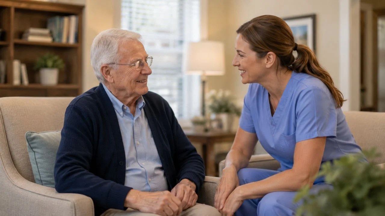 Caregiver speaking warmly with senior resident inside assisted living community