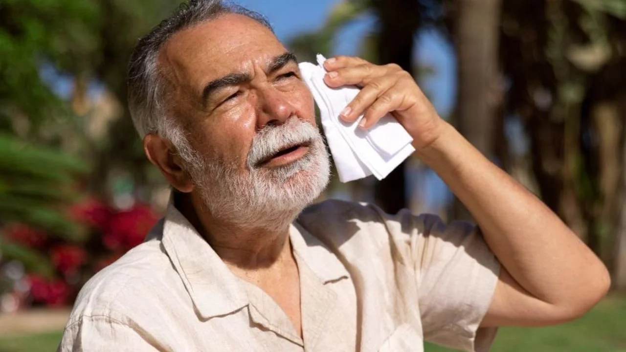 Senior outdoors wiping sweat, struggling with heat intolerance.