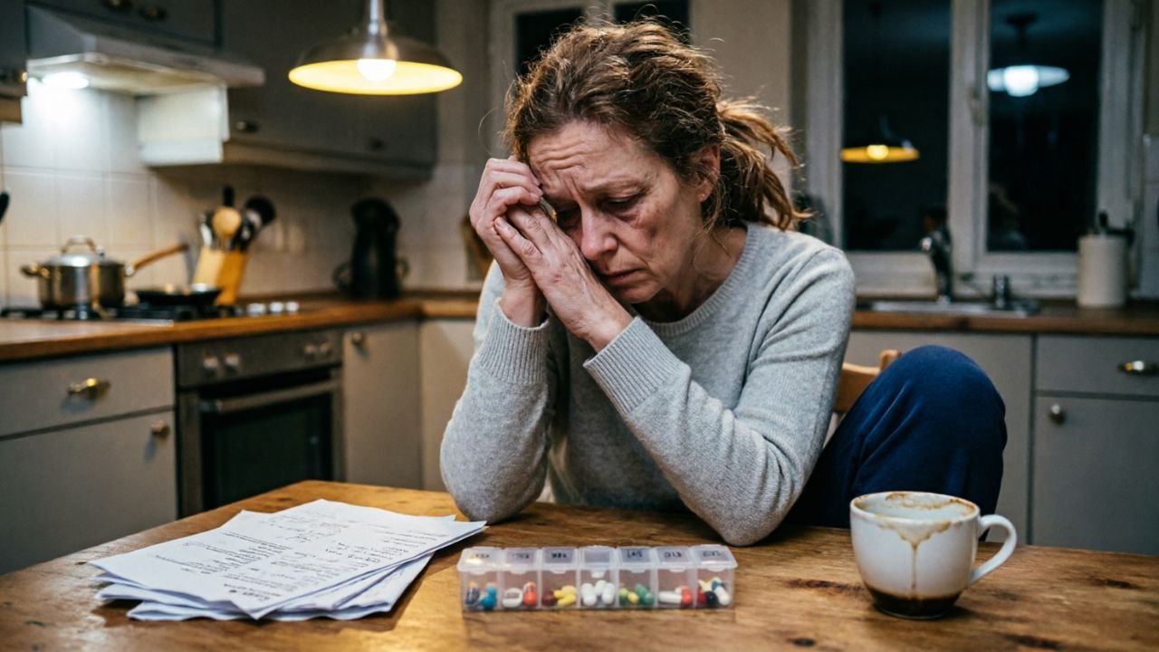 Exhausted caregiver rests head at table with pill organizer.