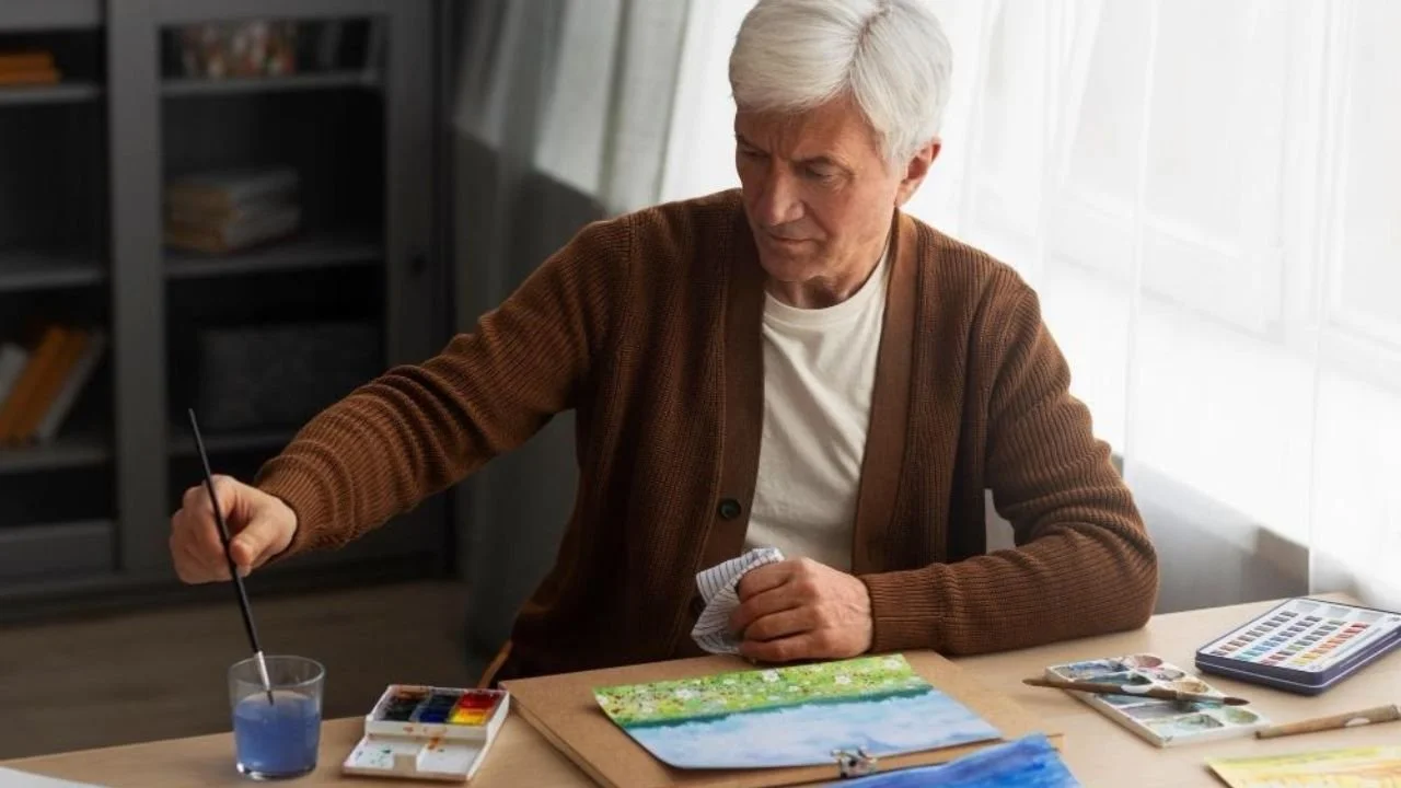 Senior painter using watercolor for his art