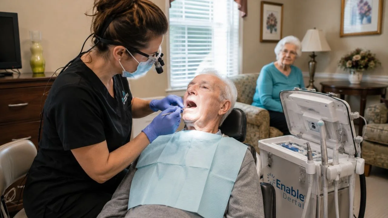 Mobile dentist providing dental care inside assisted living community
