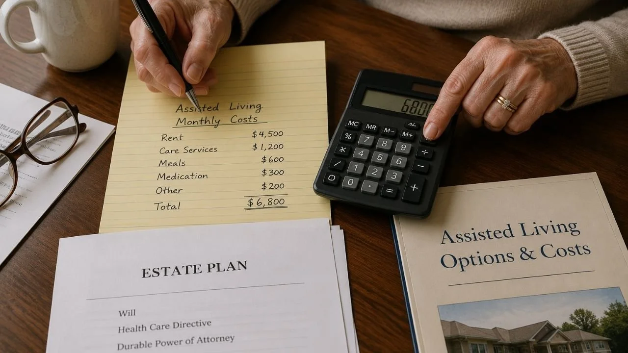 Senior reviewing estate plan while calculating future assisted living costs