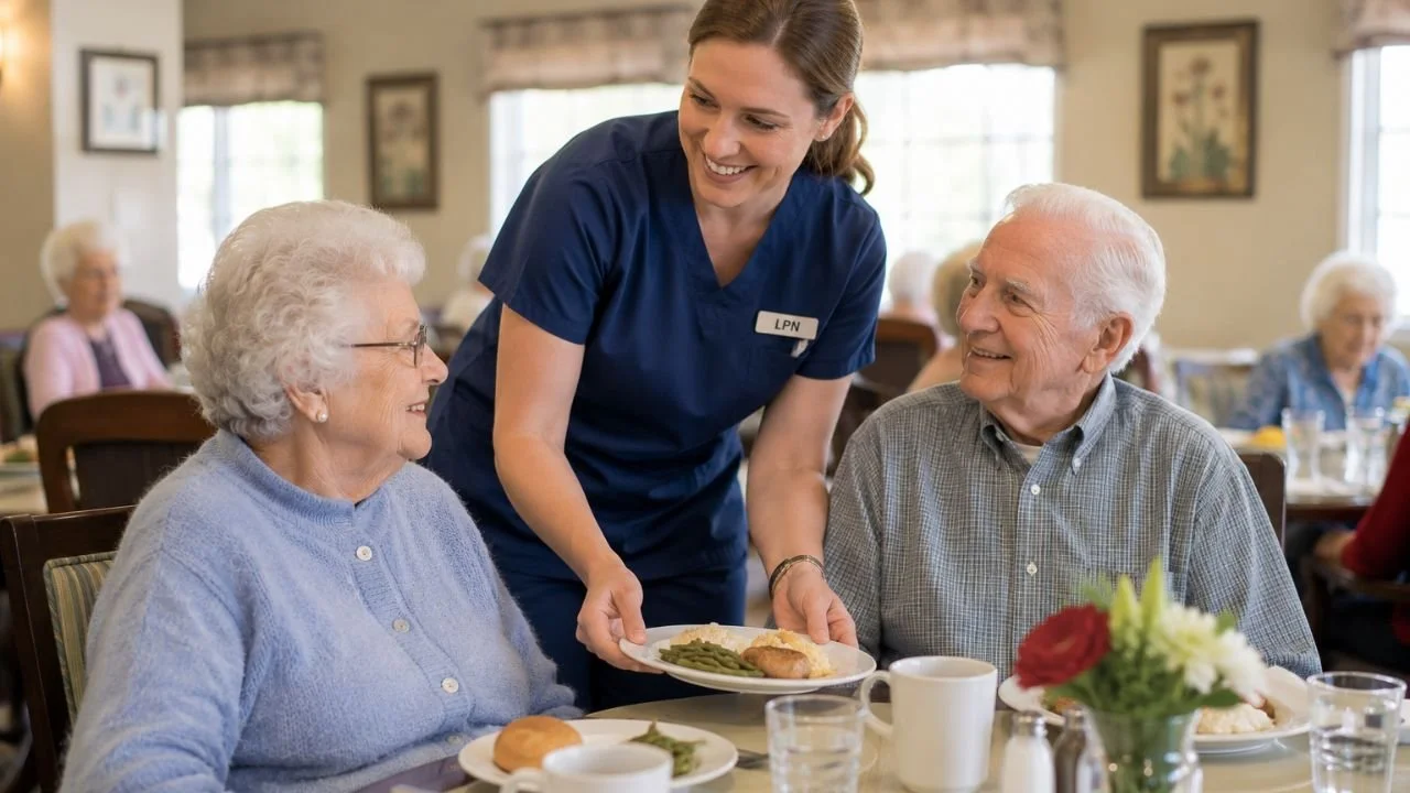 Caregiver serving meals to seniors in assisted living community