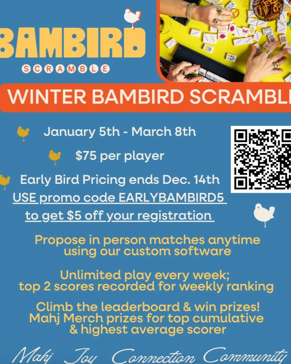 We are excited to partner with @mahjinthecity for their Winter Bambird Scramble. Use code SCRAMBLE20 to play your match at The Charleston Club with a 20% discount. Perfect for those who are looking for others to play with and who want to add a little