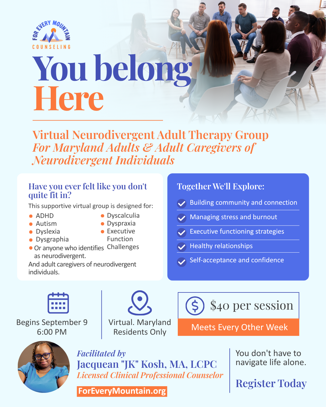 Virtual Neurodivergent Adult Therapy Group in Maryland