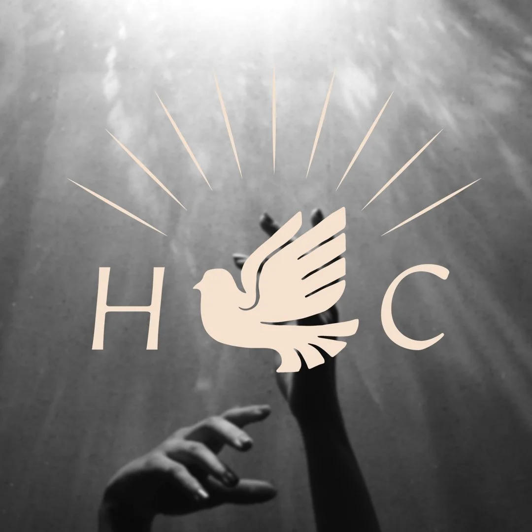 Black and white photograph of a person's hand reaching up towards the camera, with a logo of a dove and the letters 'H C' superimposed in front.