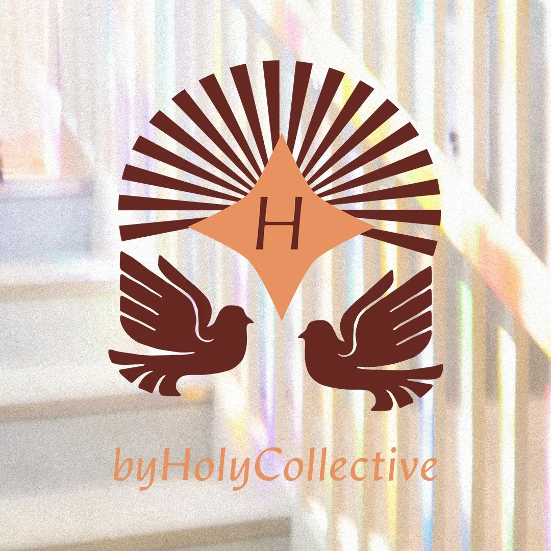 Logo with two birds facing each other, a diamond shape with letter 'H' in the center, and the text 'byHolyCollective' underneath.