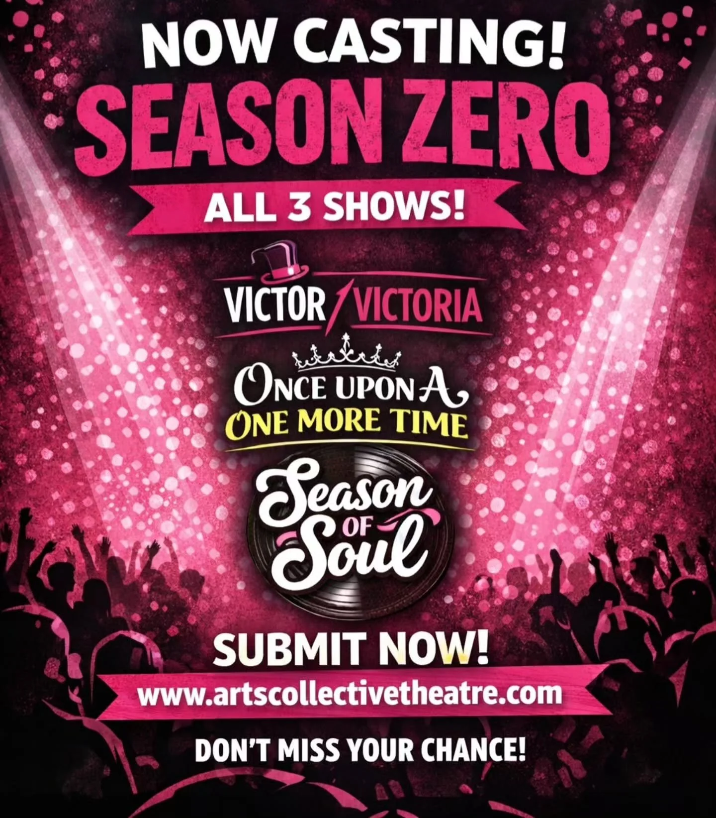 🎭 NOW CASTING: SEASON ZERO 🎭

Arts Collective Theatre is actively casting all THREE productions in our SEASON ZERO lineup &mdash; and we want to see you.

If you&rsquo;re hoping to be considered for Victor/Victoria, Once Upon A One More Time, or Se