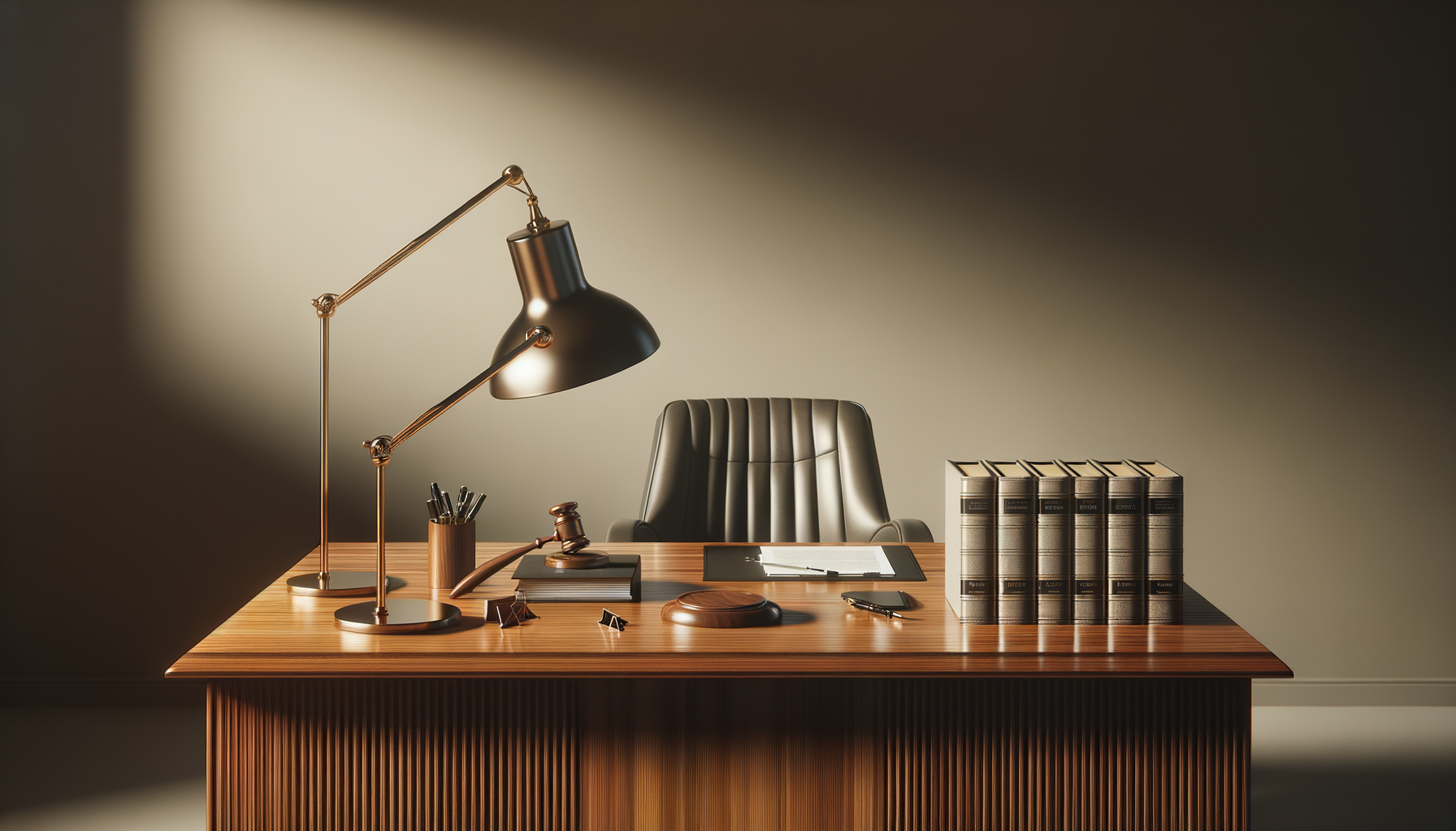 An organized office desk with a black leather chair, a lamp, a gavel, legal books, and office supplies under warm lighting.