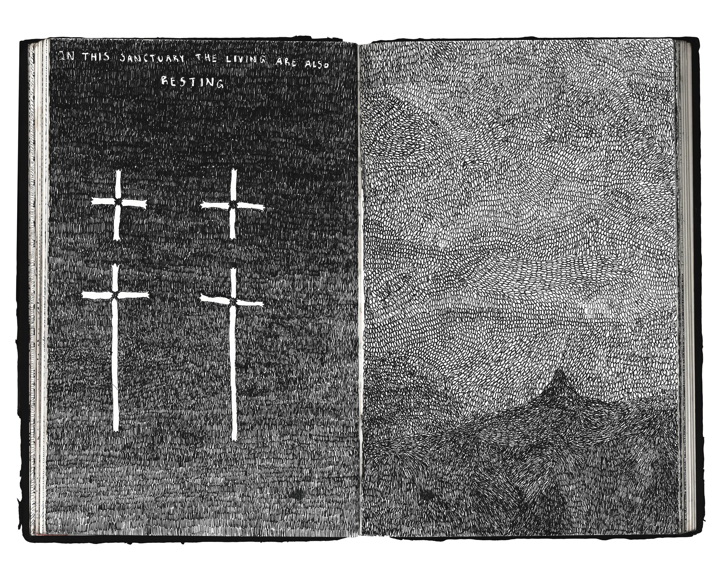 "In This Sanctuary the Living Are Also Resting" 2025 Ink on Paper 8.5 x 11 in