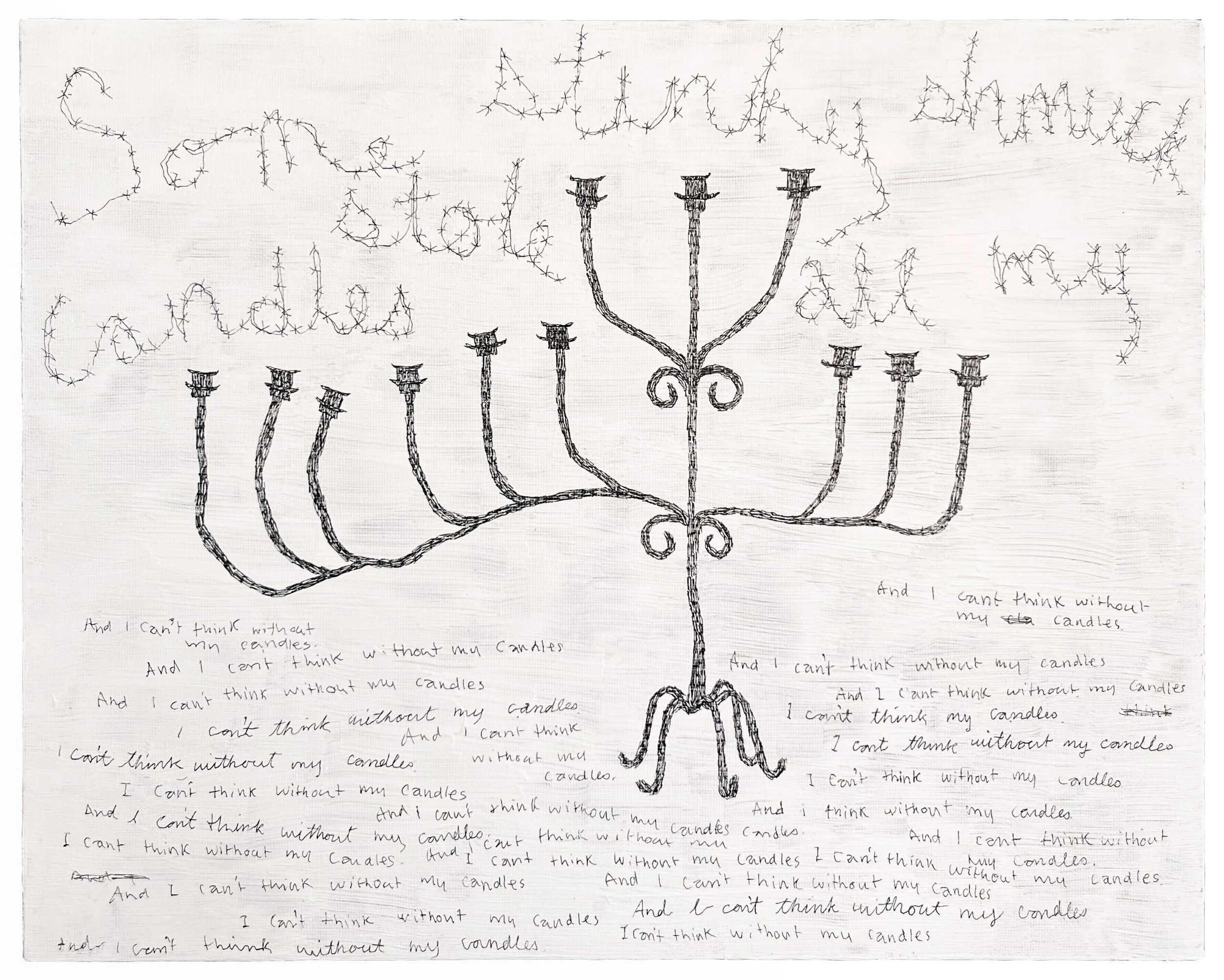 "Some Stinky Shmuck Stole All My Candles" 2026 Ink and Acrylic on Canvas 11 x 14 in