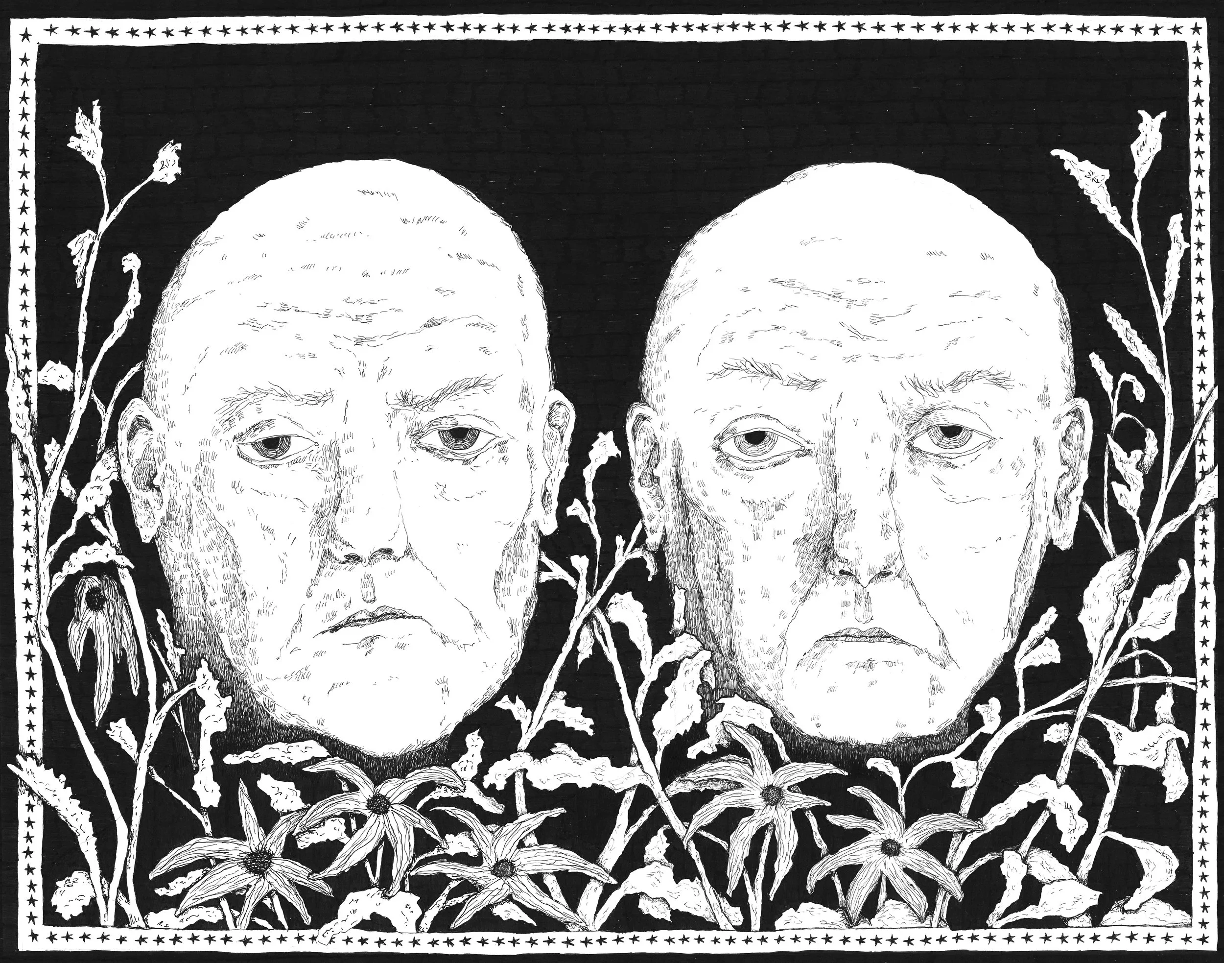 "Blinkless Twins" 2026 Ink on Paper 11 x 14 in