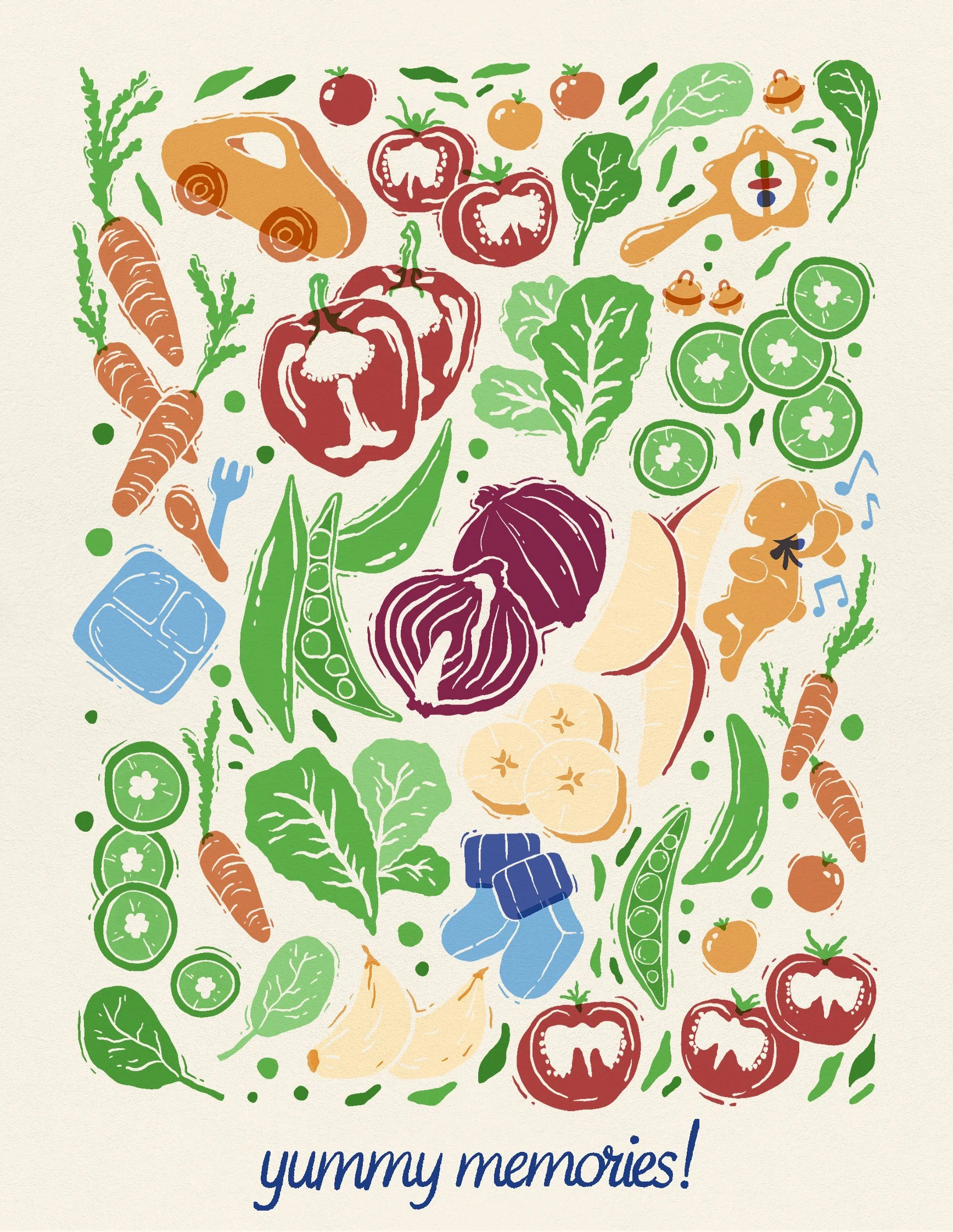 Colorful illustration of various vegetables, fruits, spices, and kitchen items with the text 'yummy memories!' at the bottom.