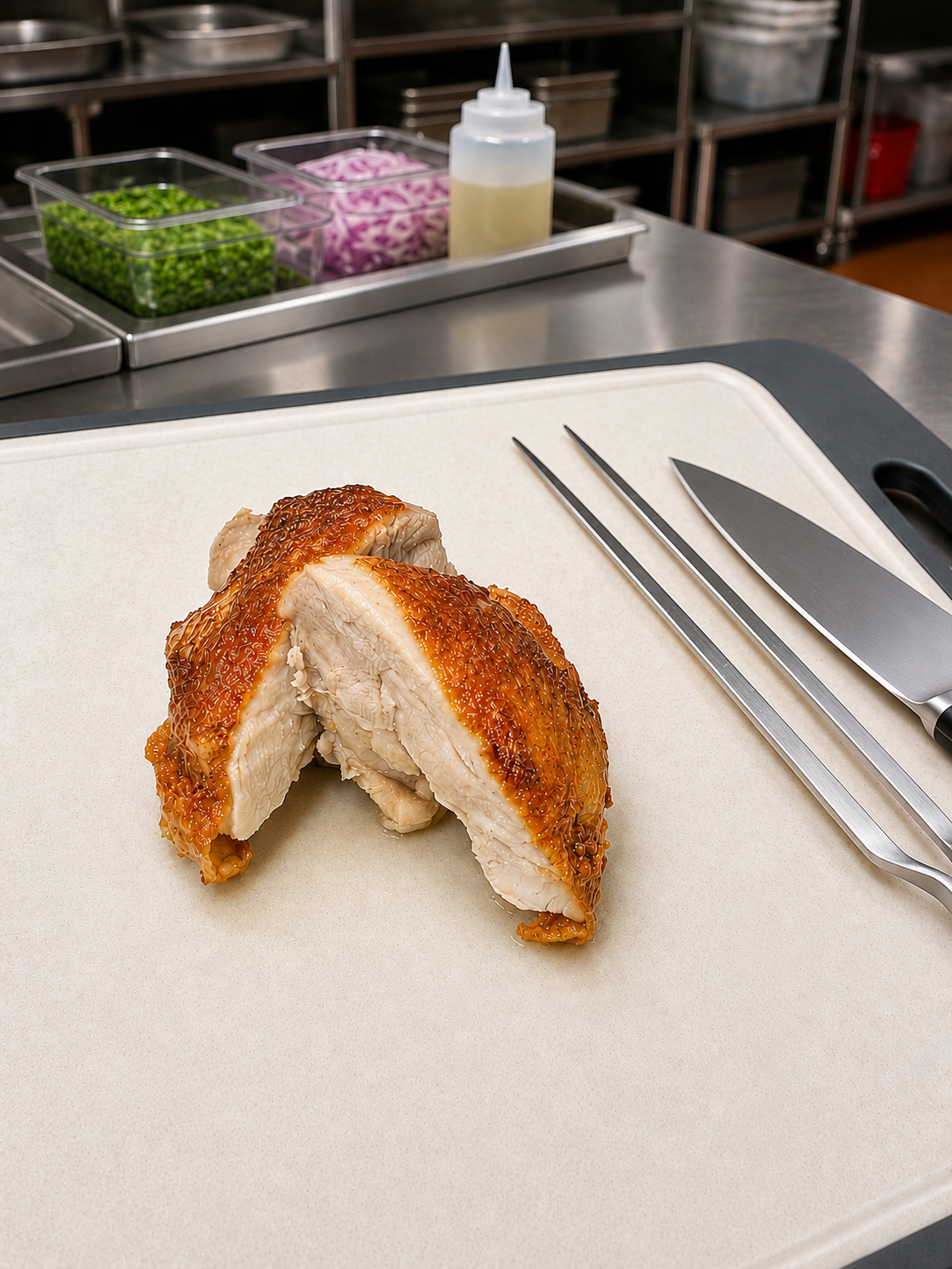 A "TruDitional boneless chicken cut in half.