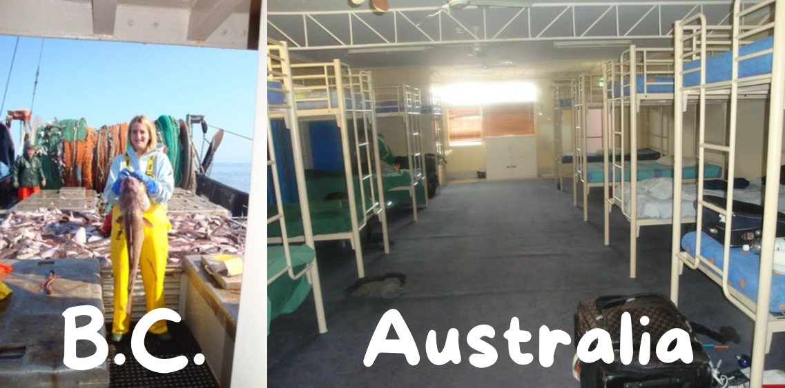 Side-by-side photographs showing a woman in waterproof workwear aboard a fishing boat in British Columbia and a large hostel dorm filled with metal bunk beds in Australia.