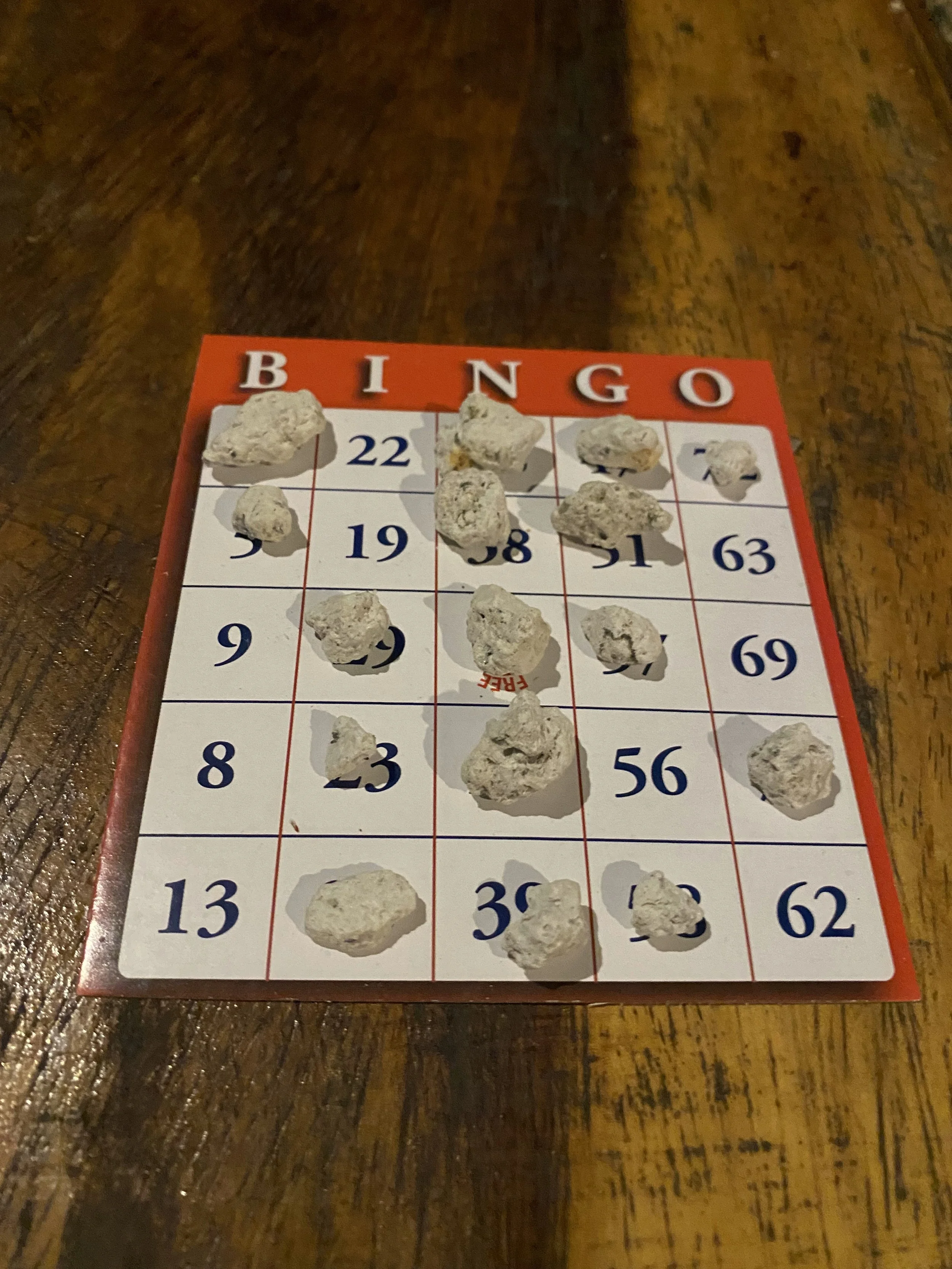 Bingo card with stones used as markers during a Christmas Eve night out in Las Peñitas, Nicaragua