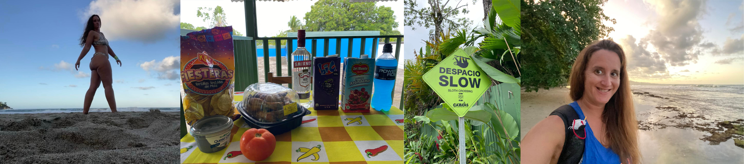 Four-photo collage showing a woman standing on a beach, groceries and drinks on a table, a sloth-crossing sign among tropical plants, and a beach selfie at sunset.