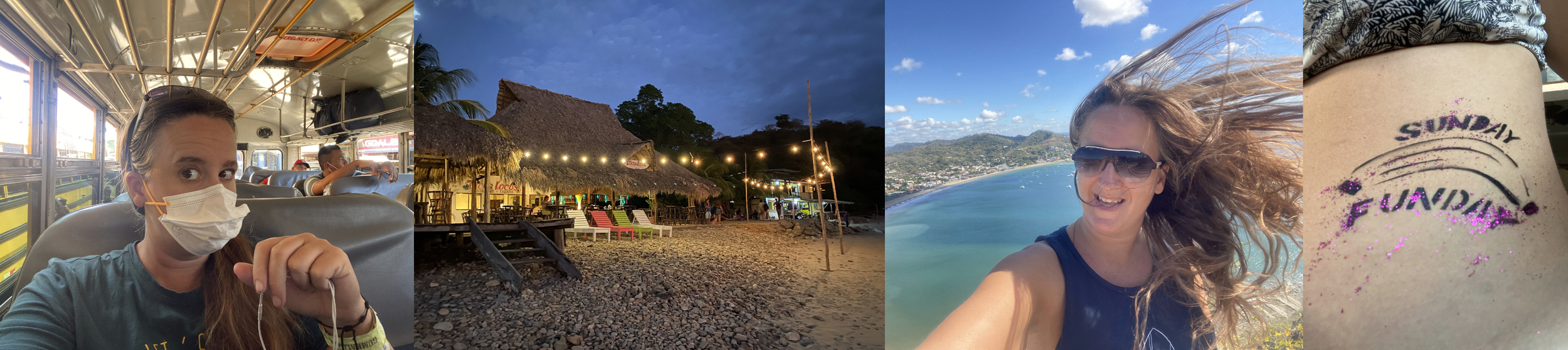 Travel collage featuring San Juan del Sur, Nicaragua, including a local chicken bus, beach at sunset, Cristo de la Misericordia viewpoint, and Sunday Funday body paint.