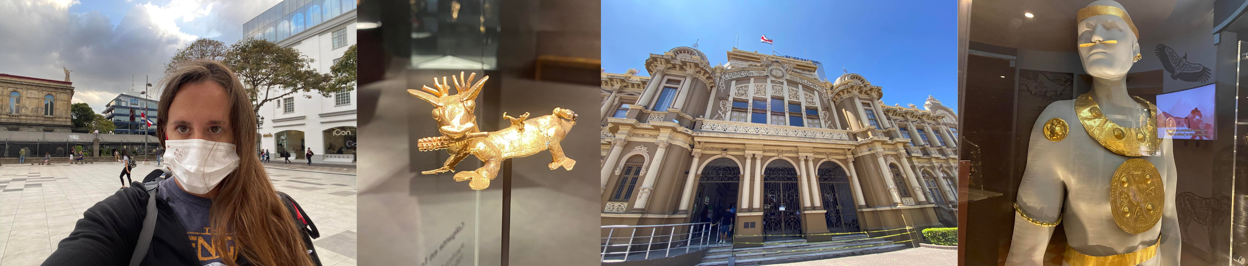 Four-photo collage showing a masked woman in central San José, pre-Columbian gold figures, the historic Central Post Office, and a museum display wearing gold ornaments.