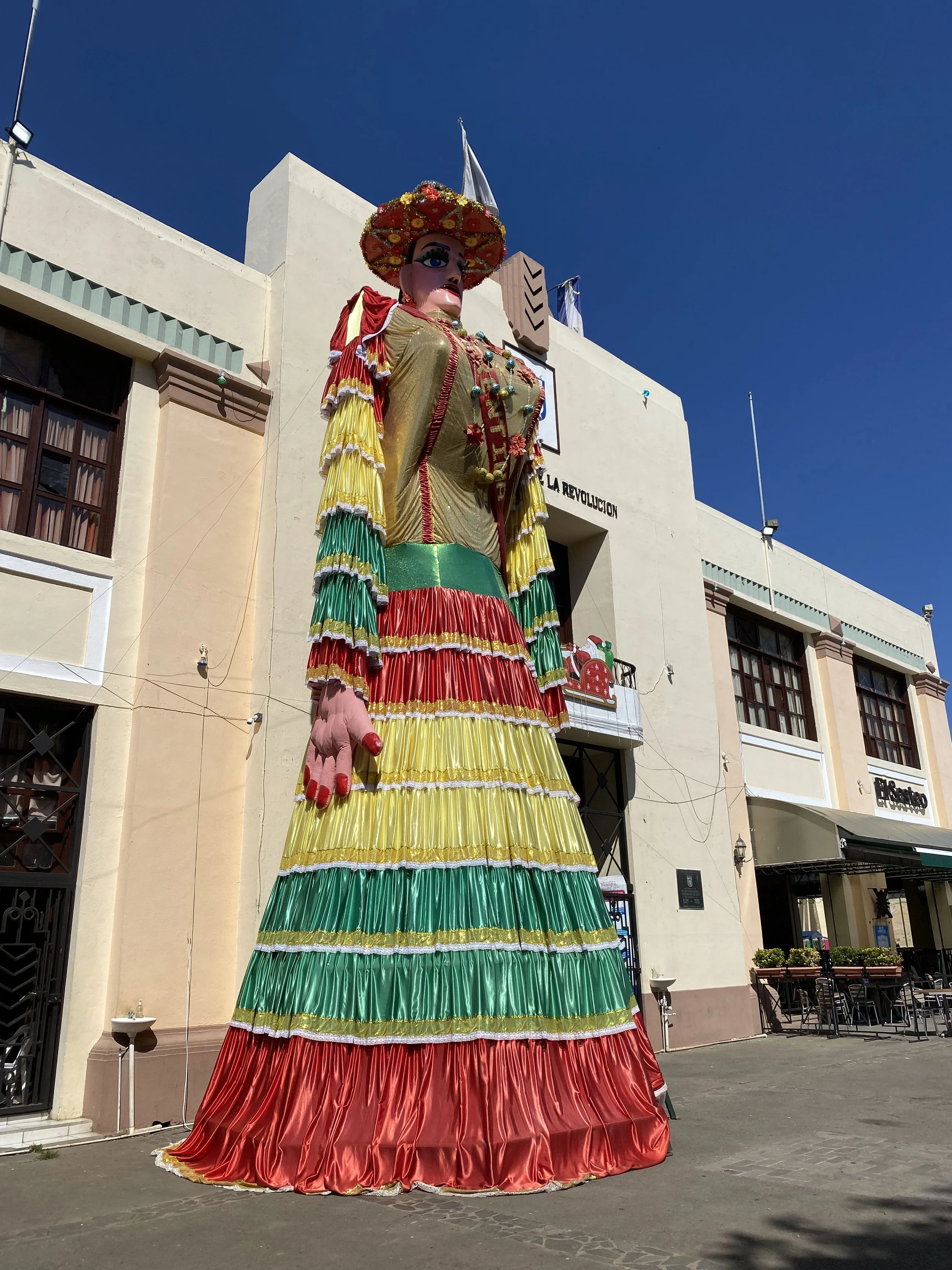 Large colorful traditional festival figure displayed in León, Nicaragua during Christmas celebrations
