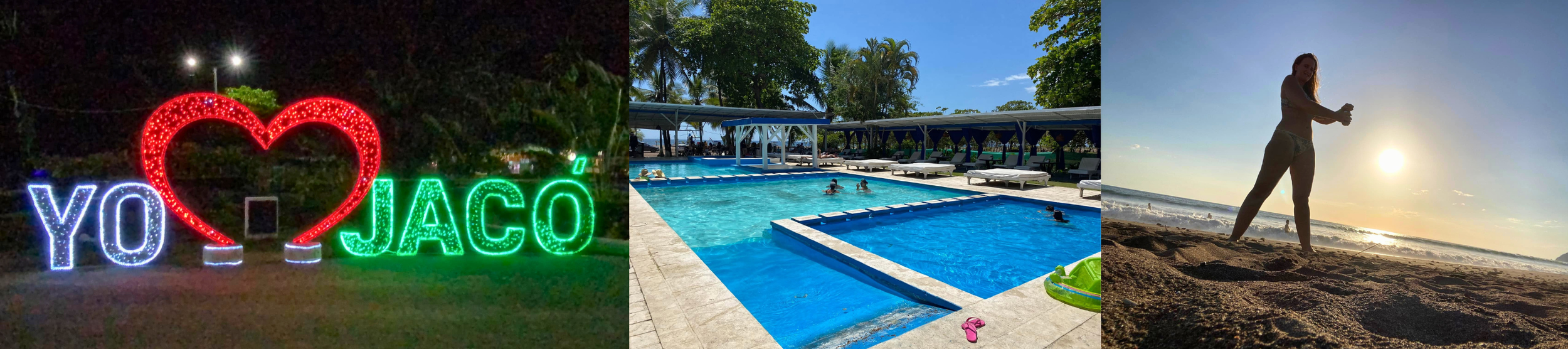 A collage featuring the illuminated "Yo ❤️ Jacó" sign at night, the swimming pool at Blu during the day, and a person enjoying sunset on Jacó Beach.