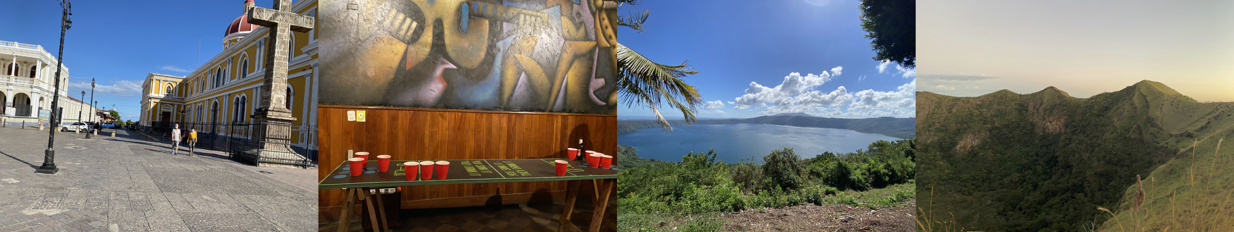 Collage of Granada, Nicaragua featuring colonial streets, a backpacker beer pong game, views of Lake Nicaragua, and a green volcanic hiking trail.