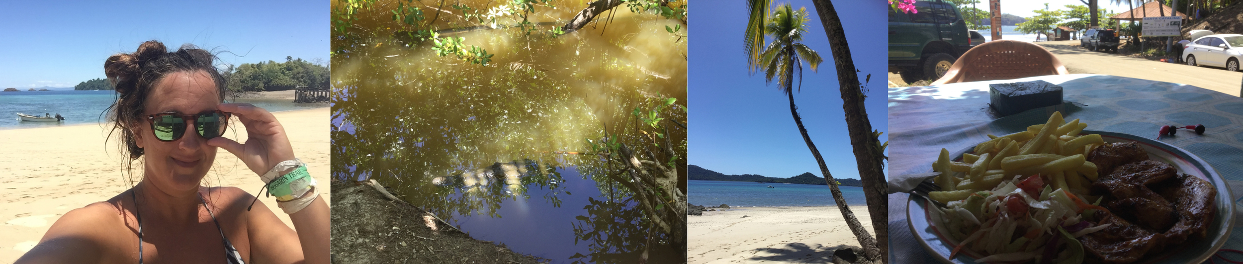 Four-photo collage showing JD on a Santa Catalina beach, a crocodile in a lagoon, palm trees beside the ocean and lunch at a local beachside restaurant.