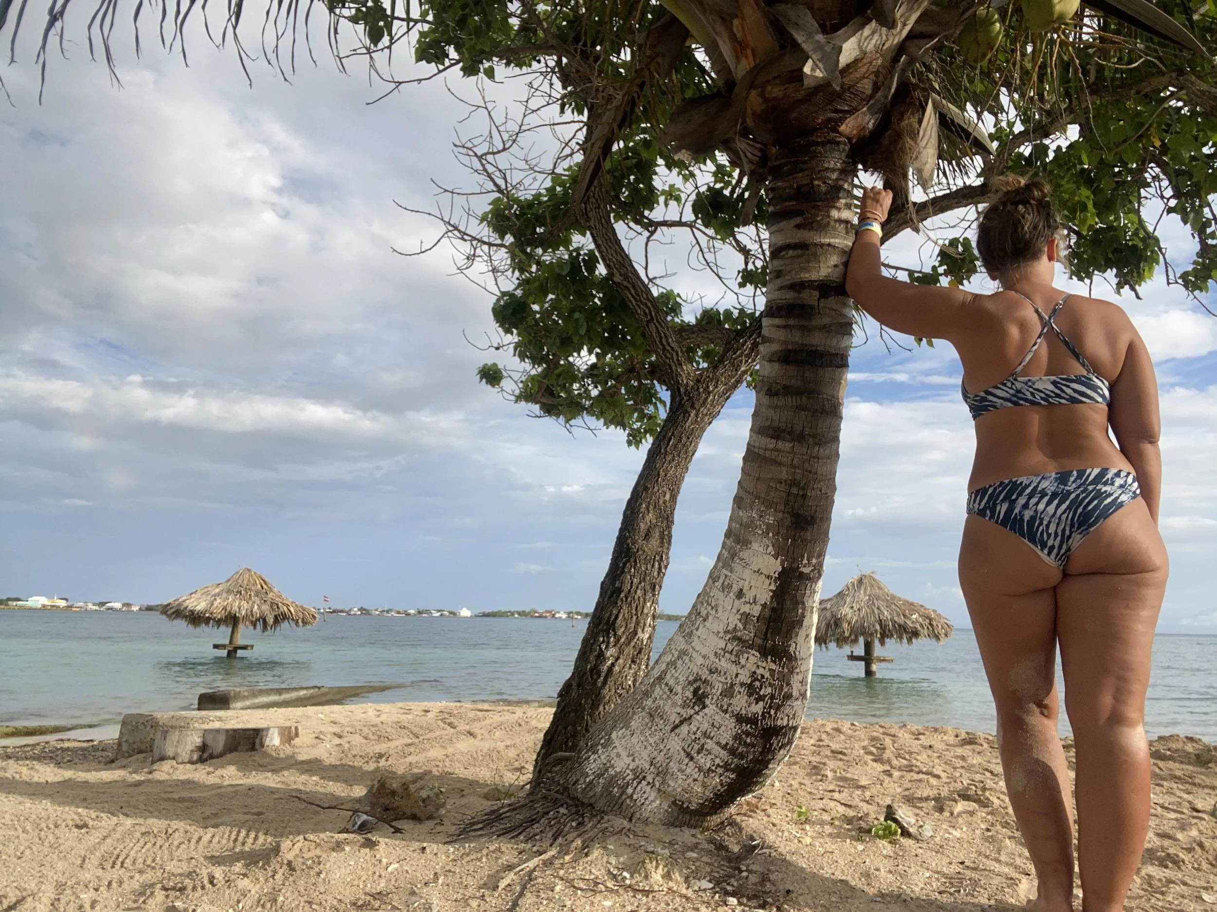 Woman in a bikini standing beside a leaning palm tree on a quiet beach in Utila.