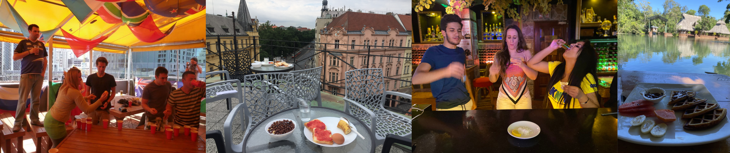 Collage showing travellers playing beer pong on a rooftop, breakfast overlooking Prague, friends taking shots at a hostel bar and waffles beside a river in Guatemala.